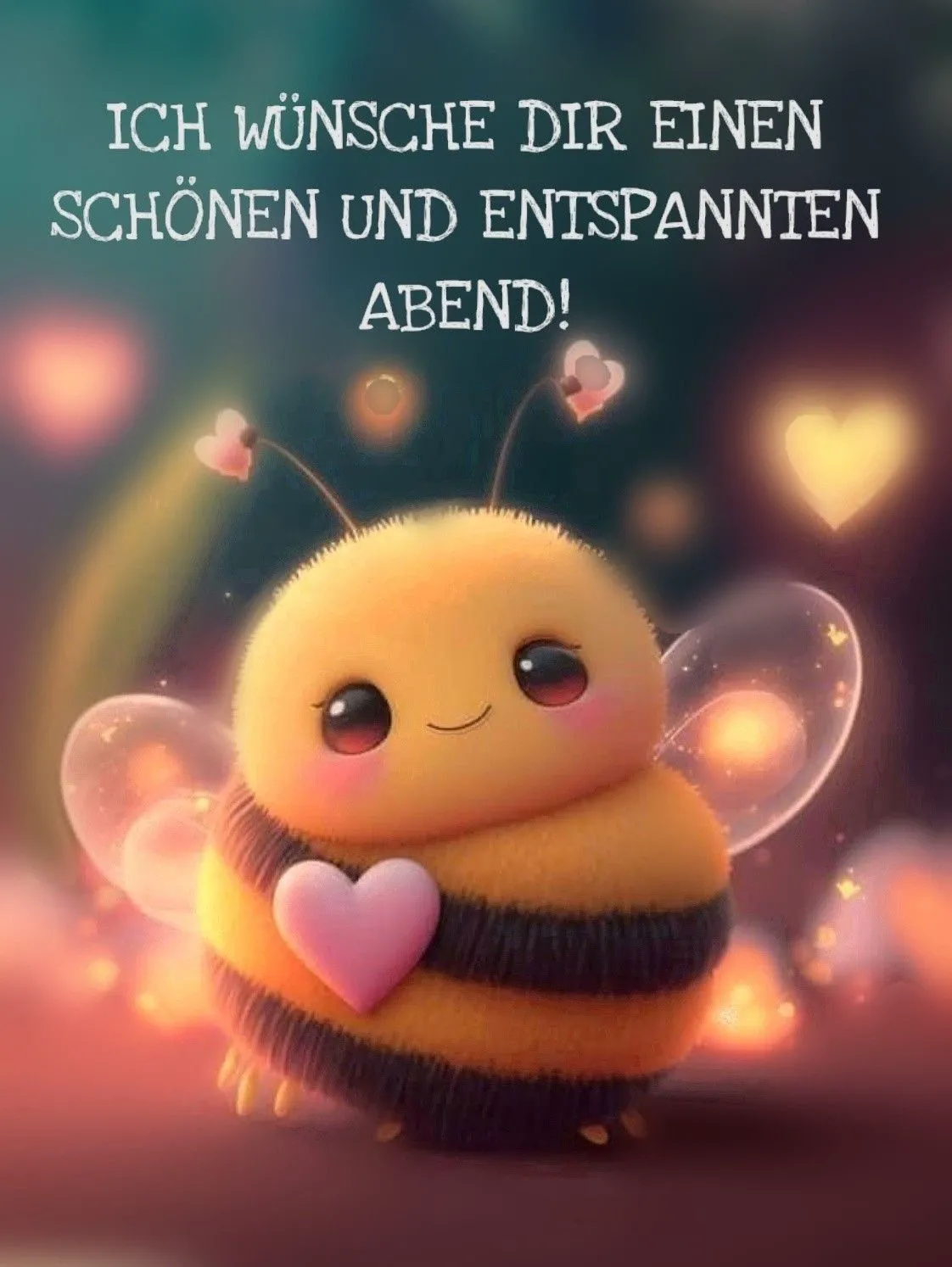 Ein niedliches, flauschiges Bienchen mit großen Augen und Streifen hält ein rosa Herz. Im warmen Licht wünscht es einen schönen und entspannten Abend.